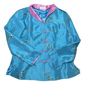 Vintage 90s Y2K Asian Teal Floral Embroidered Sequin Cheongsam Qipao Jacket L